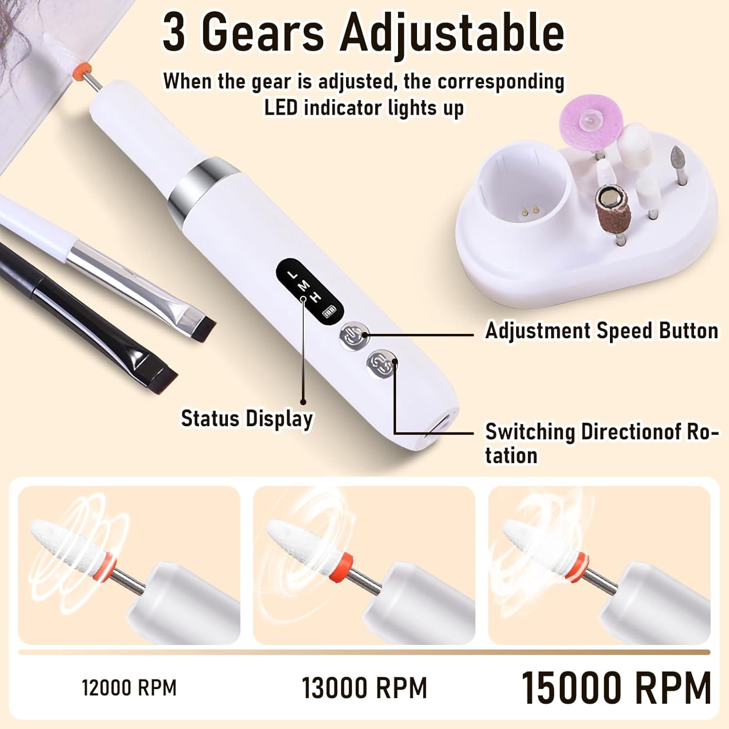 Aorsher Rechargeable Cordless Electric Nail Drill Kit, Professional Electric Nail File for Acrylic Gel Dip Powder Nails, 3 Speeds 15000RPM, Portable Manicure Pedicure Tool