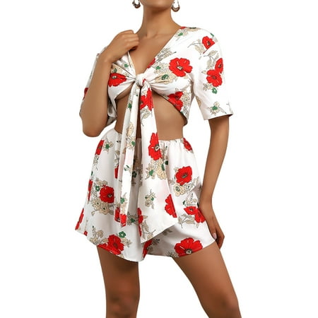 

Smilkoo Valentine s Day Summer Homewear Pajamas Floral Print Shorts Outfits