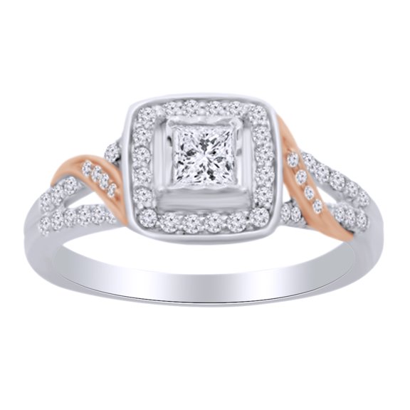 AFFY Princess Cut White Natural Diamond Halo Engagement Band Ring In 14K Solid White Gold (0.5 Cttw)