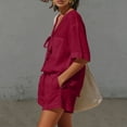 thumbnail image 6 of Costeam Womens Two Piece Outfit Tie Knot V Neck Short Sleeve Top and Elastic Drawstring Waist Shorts Set Linen Blend Matching Set with Pockets, 6 of 9