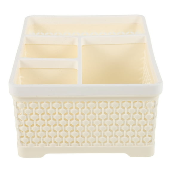 4 Compartment Makeup Storage Box Plastic Skin Care Organizer Divided Vanity Bin for Desk or Countertop Beige