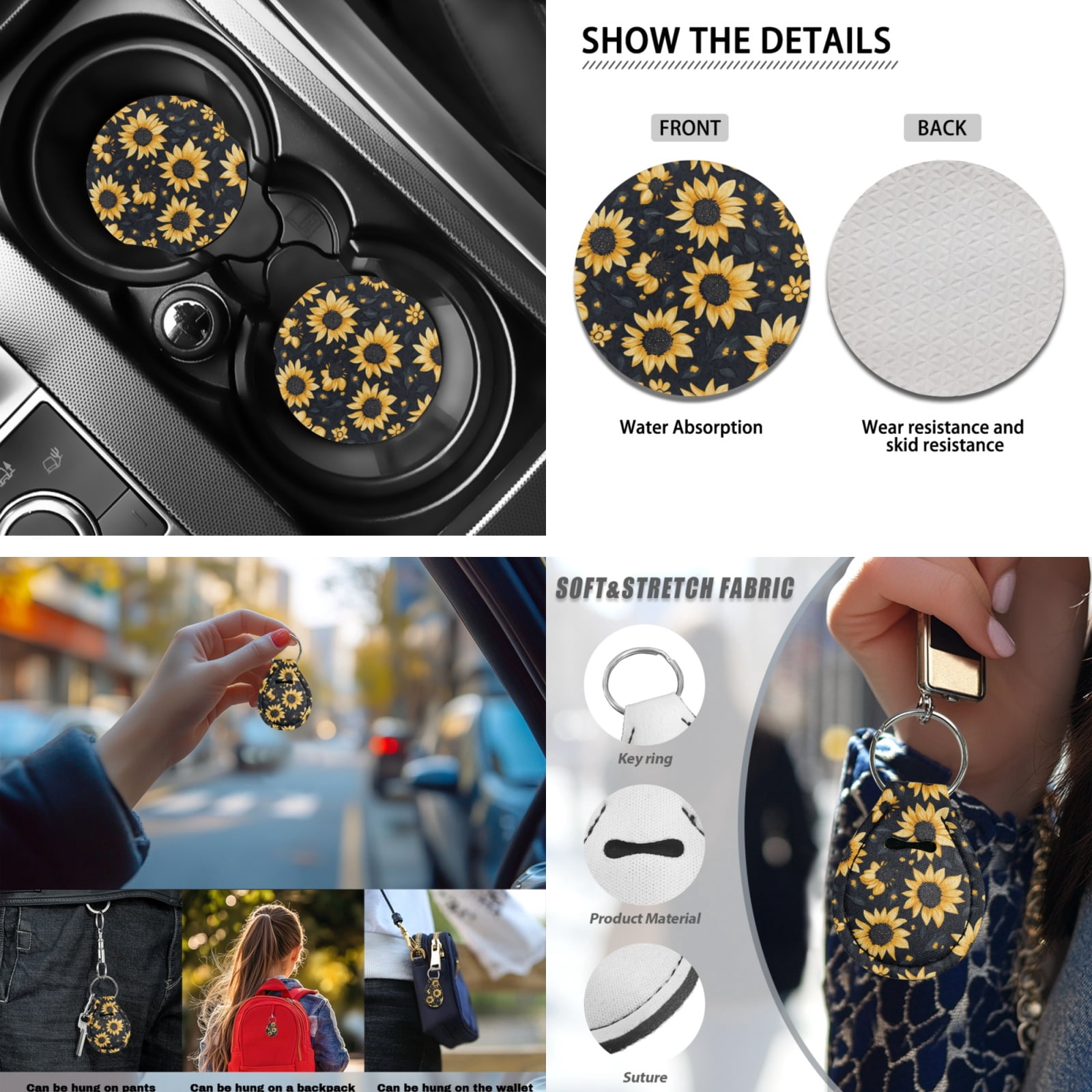 Yuyamidu 13 PCS Car Seat Cover Full Set Sunflower Steering Wheel Cover Seat Belt Pad Cover Coasters Armrest Cover Keychain Lipstick Holder Car Decor Accessories