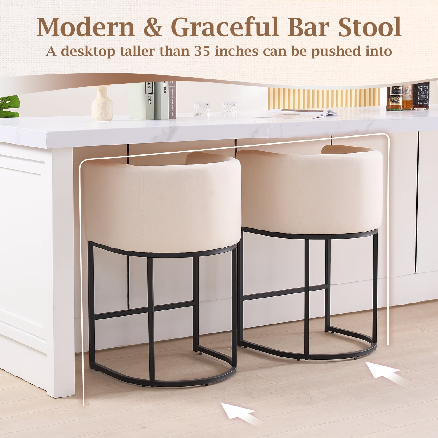 FANCROU 26" H Counter Height Bar Stools Set of 2, Fabric Barrel Stools with Back and Arms, Beige-Black Leg