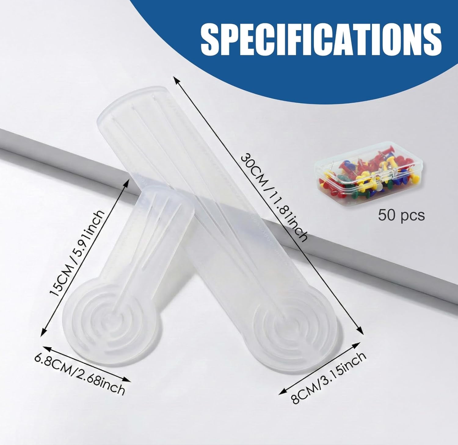 ABPETE 2PCS Ruler Circle Drawing Tool with 50 PCS Push Pins: Clear Acrylic Compass Circle Stencil - Draw Concentric Circles up to 8.5” & 19.5” for Dot Art, Geometric Patterns & Painting Grids