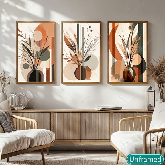 3pcs Modern Abstract Potted Plant Canvas Triptych - Frameless Wall Art in Muted Tones for Living Room, Bedroom Decor - Contemporary Geometric & Botanical Design Posters, 12x16in, 16x24in, 19.7x27.5i