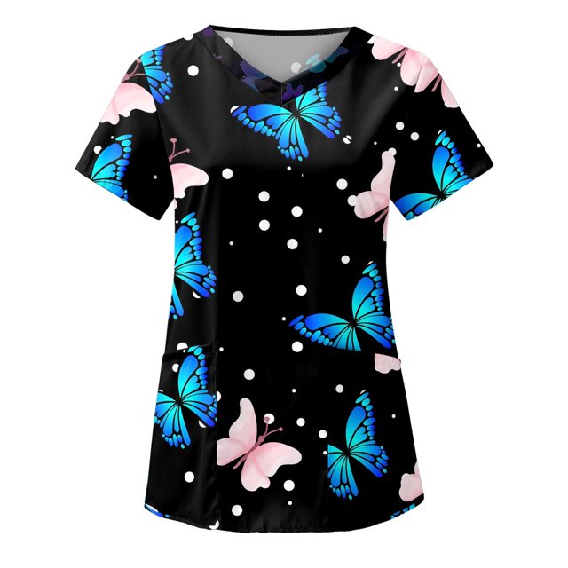 Ropa de trabajo de manga corta con cuello en v y estampado de mariposas SCZ azul oscuro XL