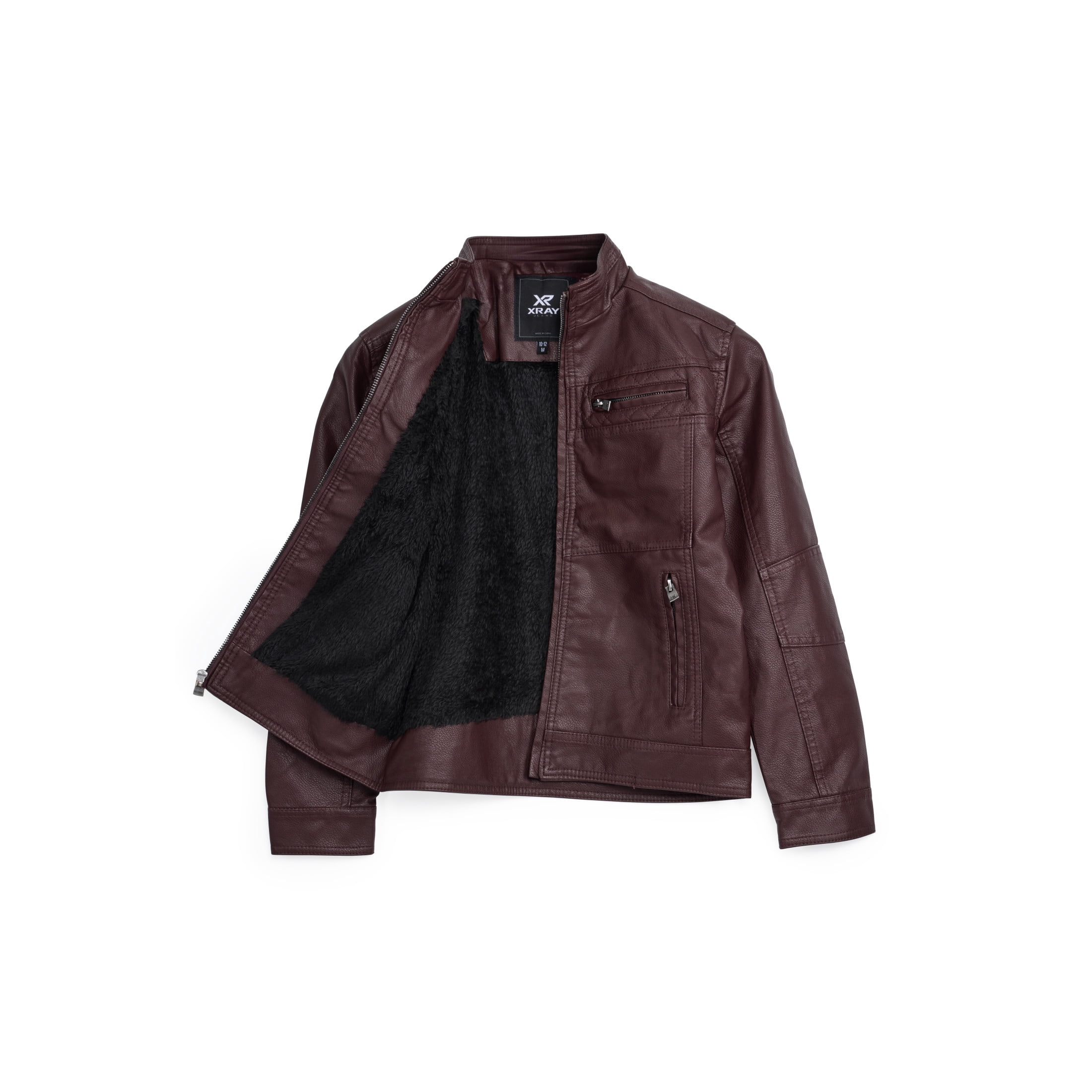 X RAY Teen Faux Leather Jacket for Fall & Winter (S - XL), Kids Outerwear Coat, Motorcycle PU Leather Jacket for Boys, Burgundy, XL