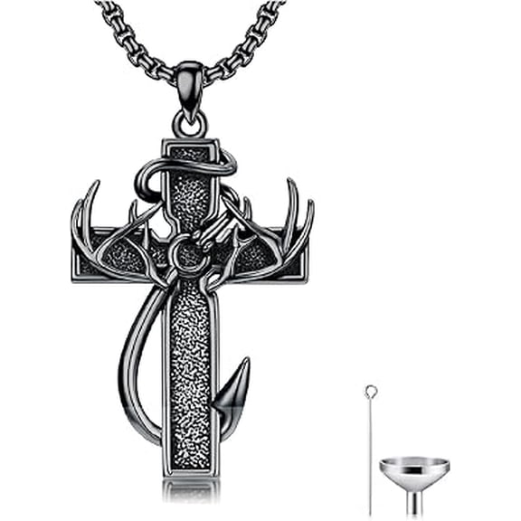 Cross Urn Necklace for Ashes Fish Hook Antler Cremation Pendant 925 Sterling Silver Nail Cross Memorial Jewelry Engraving Name Keepsake Gifts for Men Dad Husband