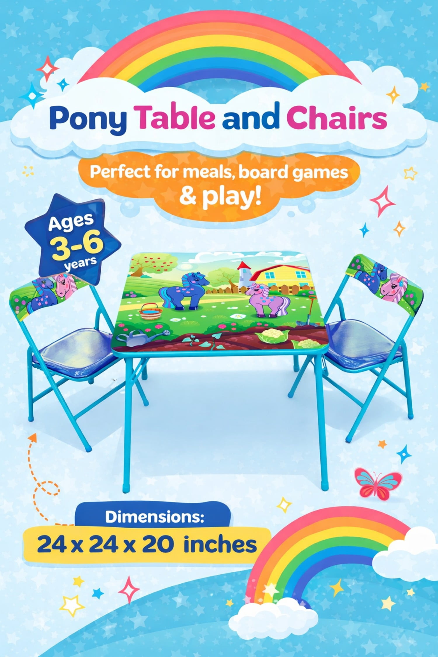 Gener8 Multicolor Pony Table & Chairs Set for Kids Ages 3-6, 24" x 24"
