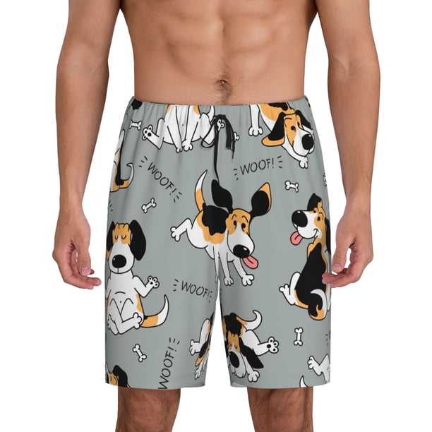 Balery Funny Beagle Active Dog Pantalones cortos de pijama de punto de algodón para hombre con cinturilla y bolsillos-Large