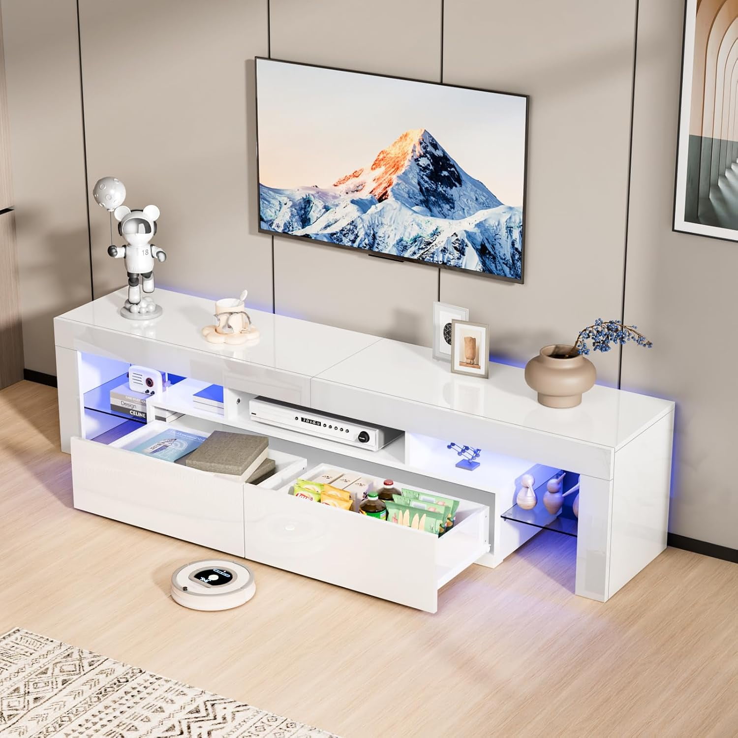 VINGLI LED TV Stand, 63'' High Glossy Modern Entertainment Center with LED Lights and Storage for 55/60/65/70 Inch TV (White, 63'' x 14'' x 18'')