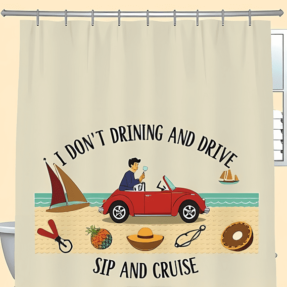 Whimsical Beige Shower Curtain with Beach Scene & Playful "SIP AND CRUISE" Design - Perfect for a Cheerful Bathroom
