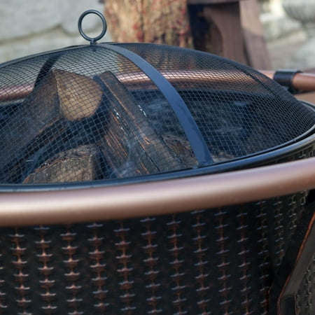 Fire Sense Fire Pit Copper Rail Steel Fire Bowl with Weave Pattern Included Screen Lift Tool-Antique Bronze-27.5"