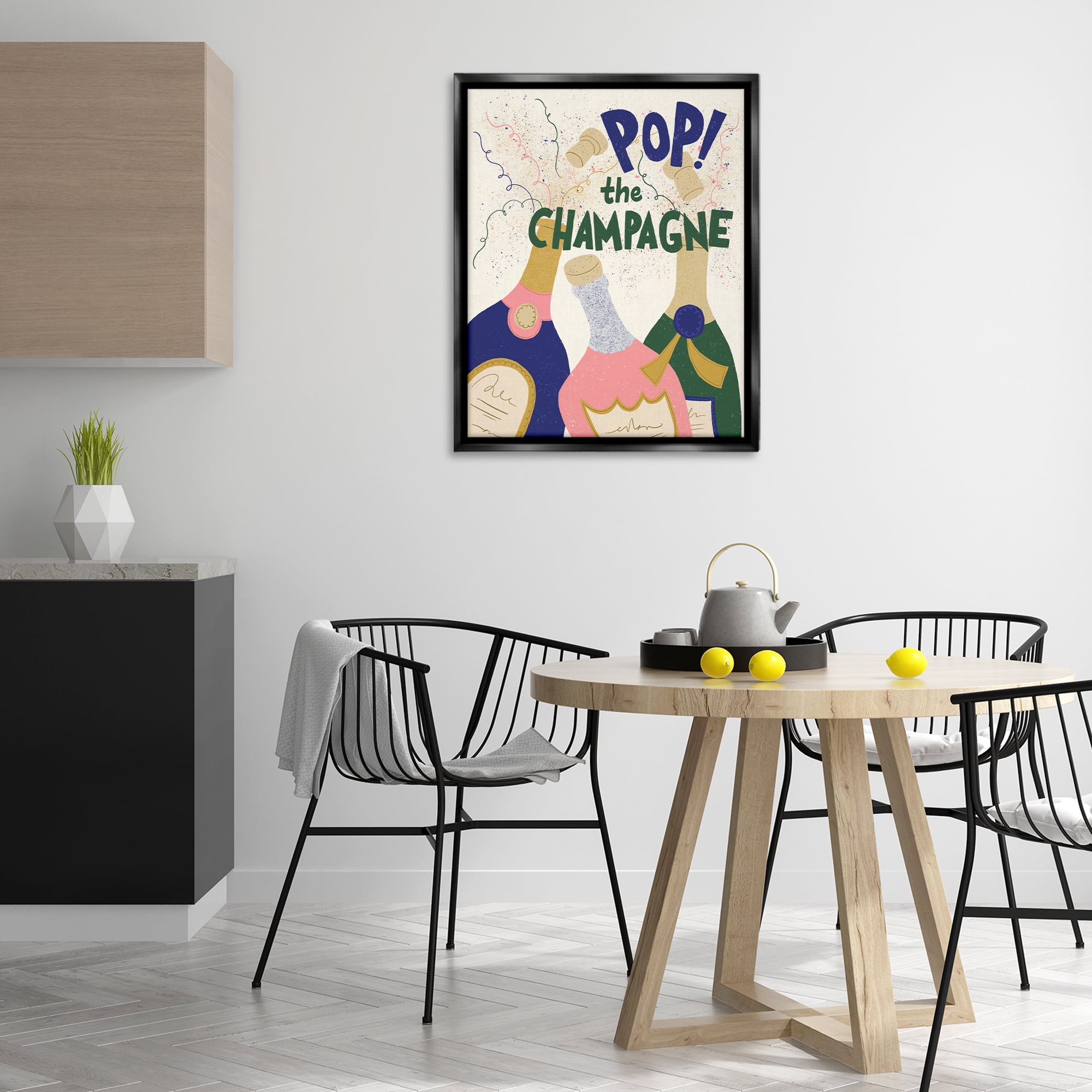 Stupell Industries Pop The Champagne Celebrate Food & Beverage Painting Black Floater Framed Canvas Art Print Wall Art, 25 x 31