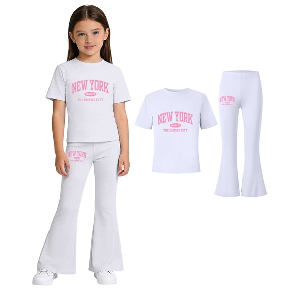 2 Piece Outfits Sets Girls Short Sleeve Letter Print T-Shirt Top and Flared Pants Set Summer Outfits Back to School Clothes 7-8 Years