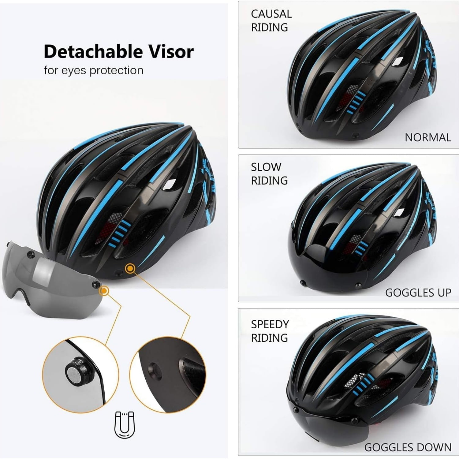 Bike Helmet with USB Rechargeable Light & Detachable Magnetic Goggles UV Protective, Bicycle Helmet Men Women Mountain Road Adjustable Adult Cycling Helmet
