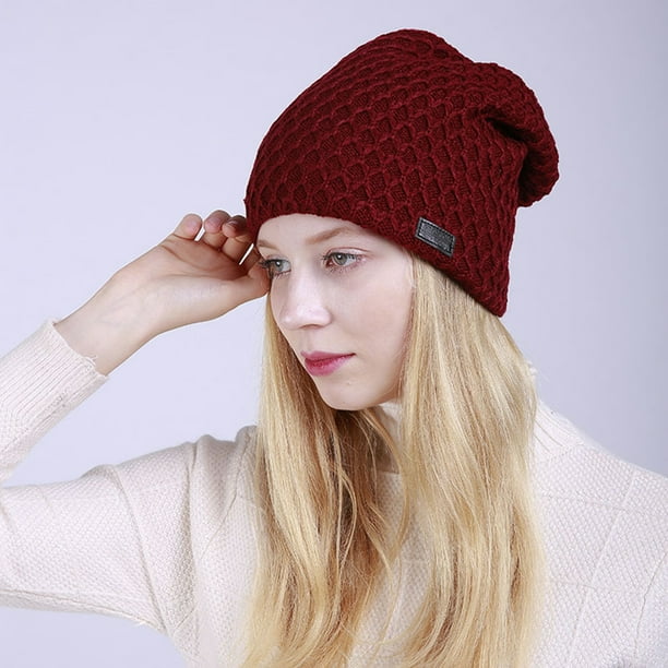 rygai Women Winter Mesh Rhombus Fleece Woolen Knit Beanie Hat Elastic