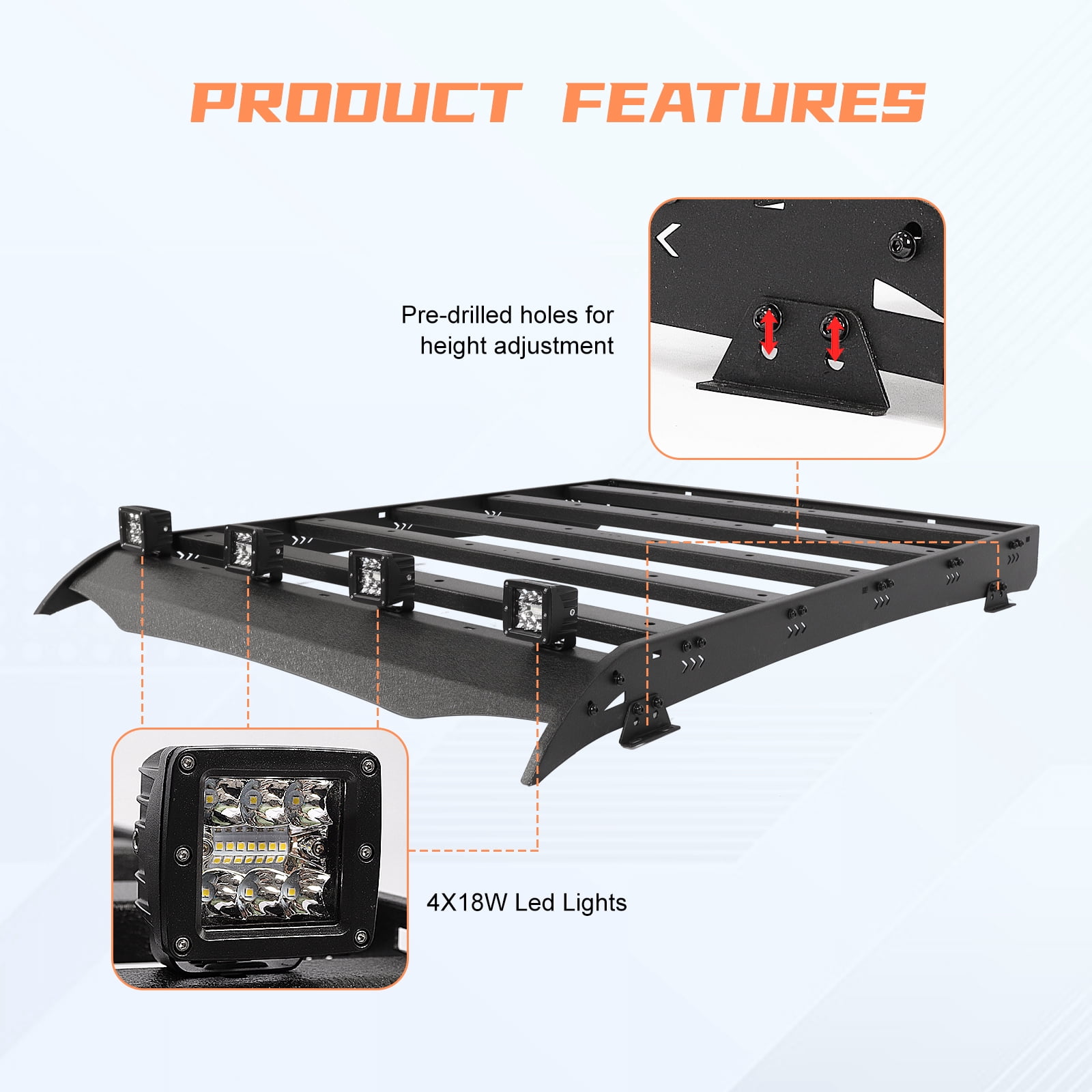 TOKMOWIN Top Roof Rack Cargo Carrier Fit Toyota Tacoma 2005-2023 Double Cab,Roof Rack Luggage Crossbars Come with 4 X 18W LED Lights