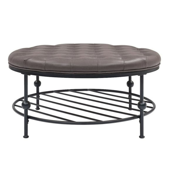 FurniFact Brown Faux Leather Ottoman Coffee Table with Round Tufted Design