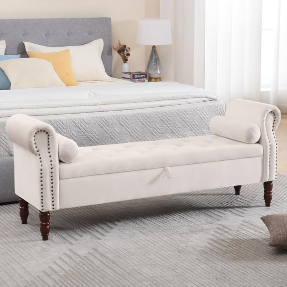 67" End of Bed Storage Bench King Size, Storage Bench for Bedroom, Velvet Bed Bench with Storage Upholstered Tufted Storage Ottoman Bench with Arms for Bedroom, Living Room, Entryway, Beige