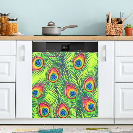 

Peacock Feather on Green Dishwasher Magnet Cover Magnetic Dishwasher Refrigerator Sticker Door Home Decorative Art Kitchen Panel Decal 23x26 Inch