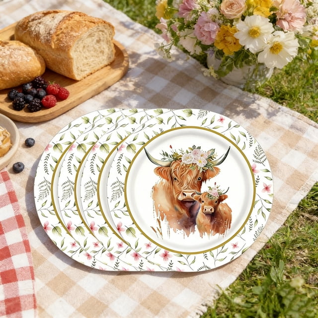 shyuyusa 10-Pack 9 Inch 7 Inch Highland Cow Paper Plates Retro Floral Disposable Tableware for Party and Event Use