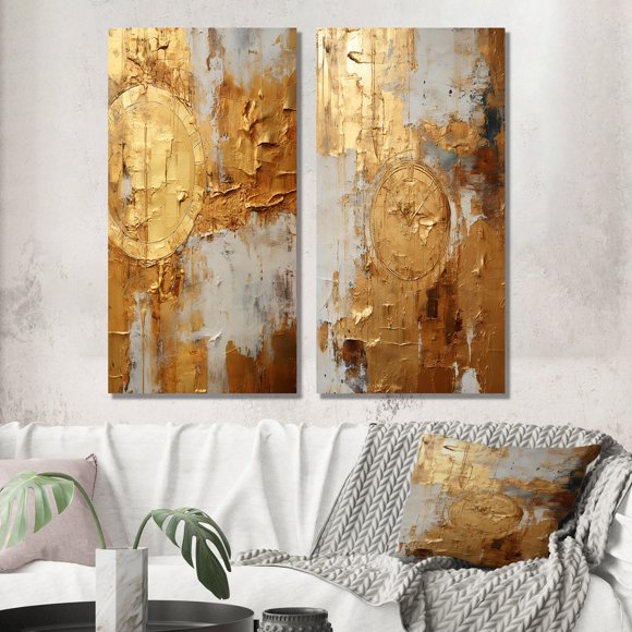 Designart "Vintage Togetherness Gold Abstraction III" Abstract Painting Wall Art Set Of 2 - Modern Gold Wall Decor Set Of 2