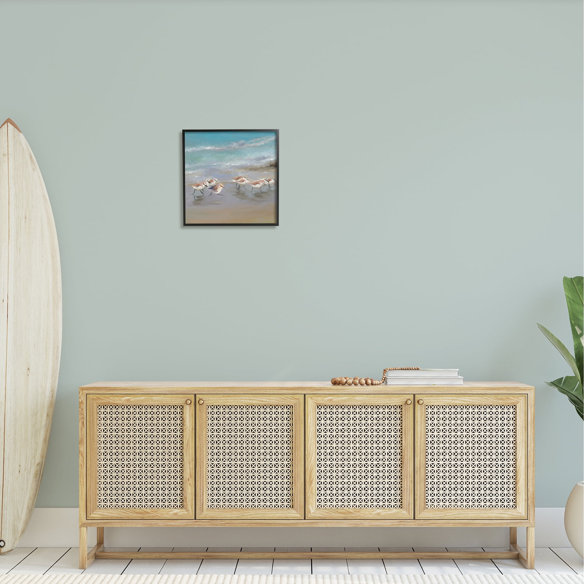 Stupell Coastal Sandpipers Beach Waves Shore Landscape Painting Black Framed Art Print Wall Art