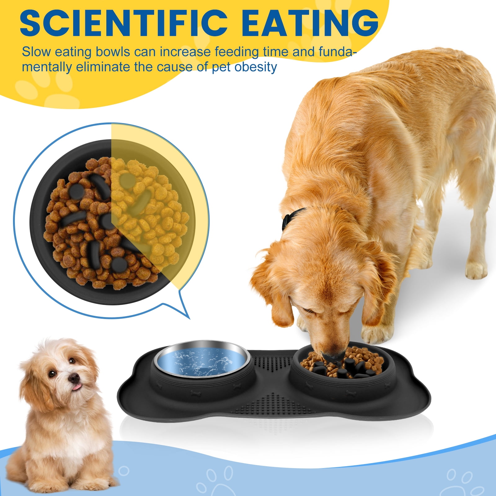 Slow Feeder Dog Bowl with Nonslip Silicone Mat Slow Eating Cat Bowl Detachable Slow Feeder and Water Bowl Set Dog Slow Feeding Bowl Stainless Steel Water Bowl for Dogs Cats