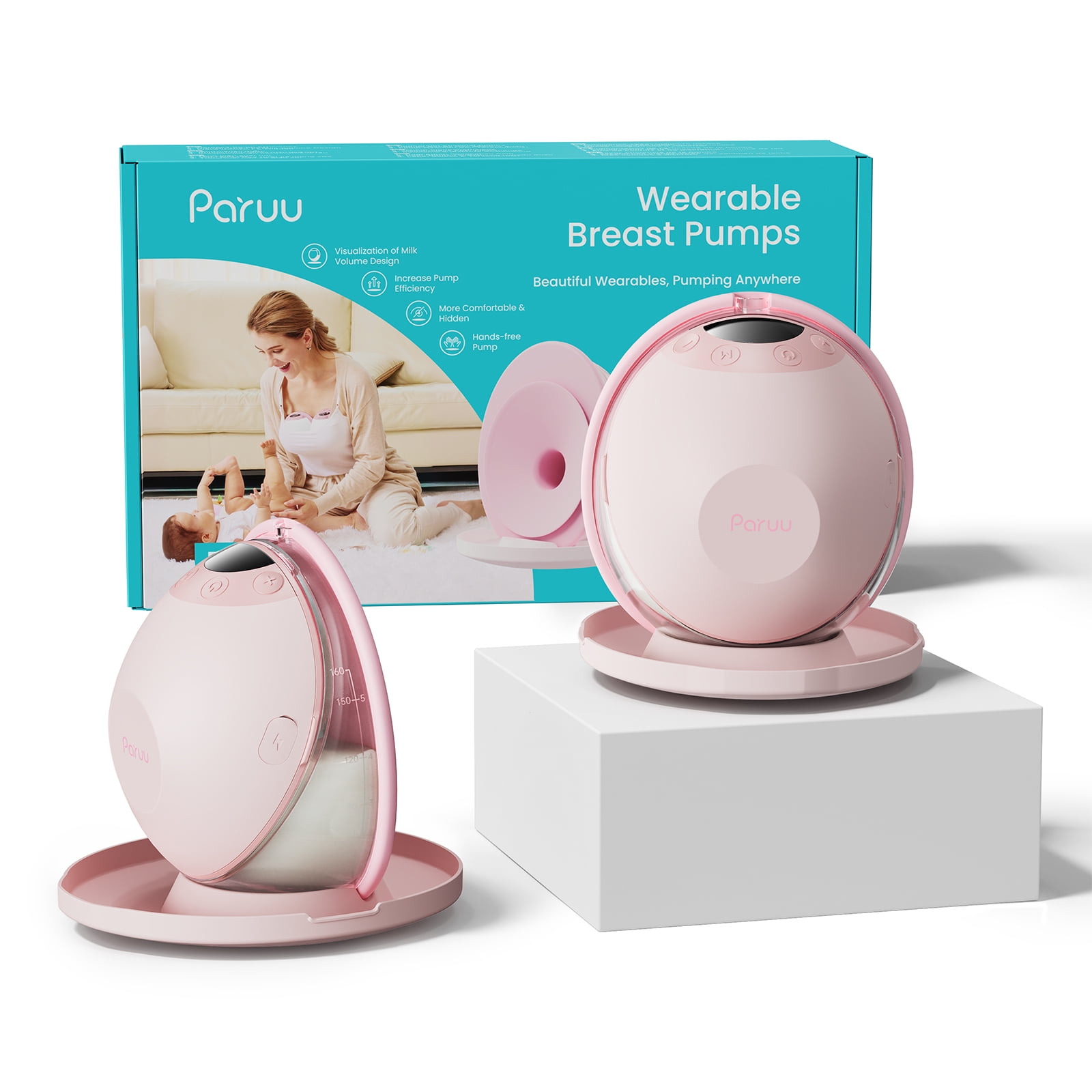 Paruu P20 Hands-Free Breast Pump Wearable, 4 Modes & 12 Levels, Electric Breast Pump Portable 2 Pack, Pink