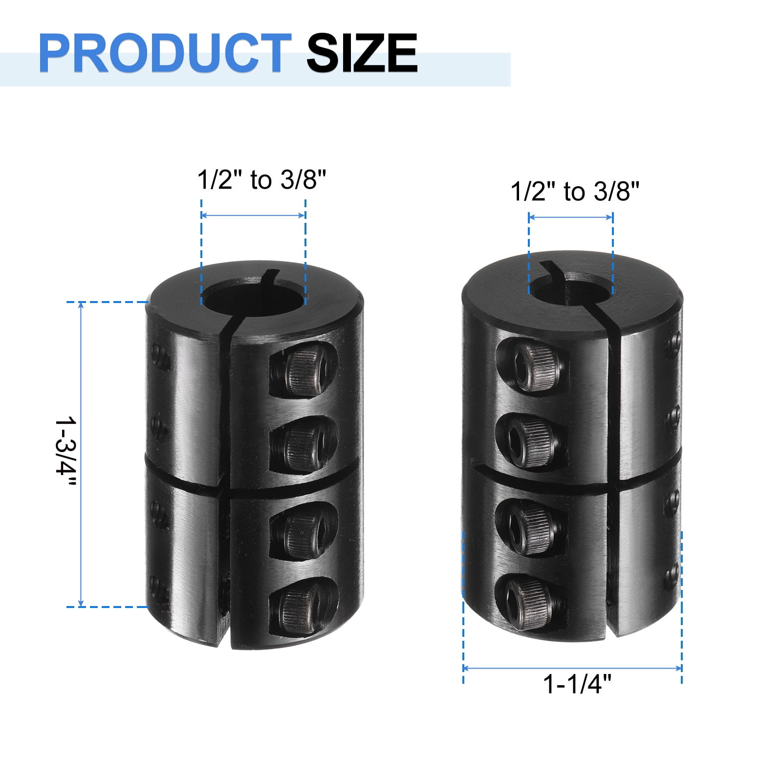 Uxcell Shaft Coupling, 1/2" to 3/8" Bore, 1-1/8" OD, 1-3/4" Length, Black Oxide Plated Rigid Single Split Clamping Coupling with #8-32 x 1/2" Set Screws for 3D Printers Motor Wheel