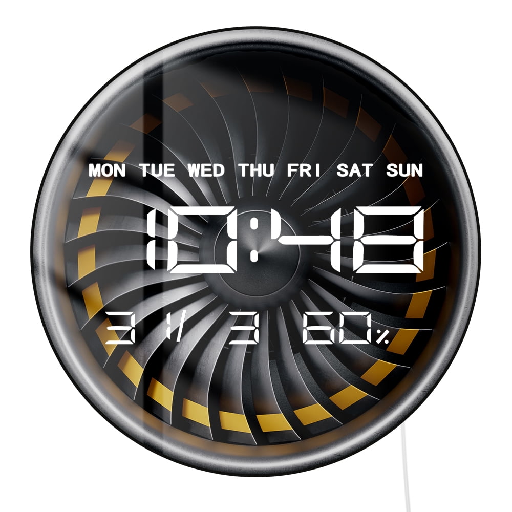 Jet Engine Turbine LED Digital Wall Clock Shows Time Temperature Humidity Week And Date Electronic Wall Mounted Clock Aircraft Mechanic Art Hangar Aviation Home Decor For Garage Man Cave Pilots Gift