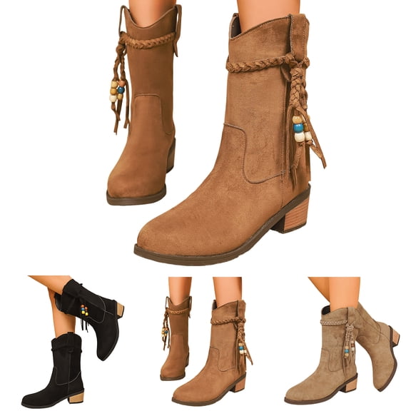 Dakaela Cowboy Cowgirl Boots for Women Suede Wide Mid Calf Western Booties Chunky Heel Country Winter Riding Shoes