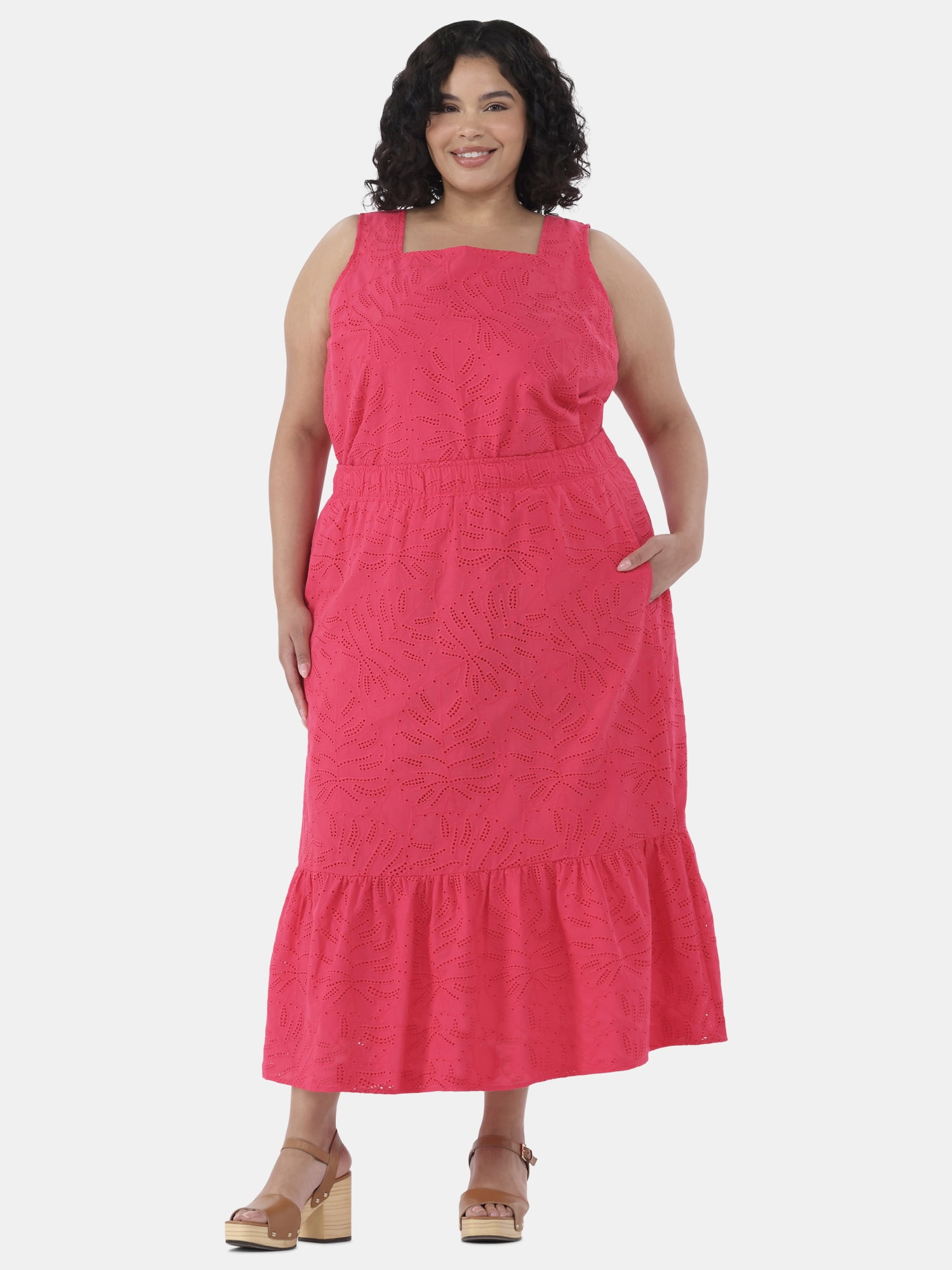 Time and Tru Women's Cotton Eyelet Tiered Midi Skirt with Elastic Wasitband, XS-XXXL, 1X-4X