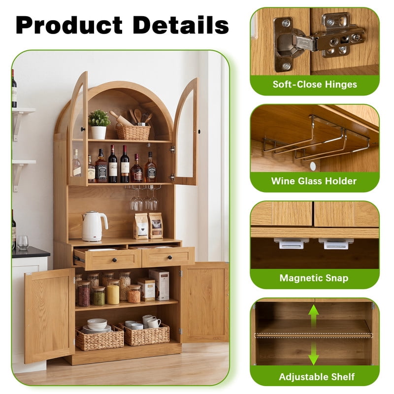 Farmhouse Arched Kitchen Storage Pantry with Charging Station on Open Countertop, Coffee Bar Cabinet with Adjustable Shelf