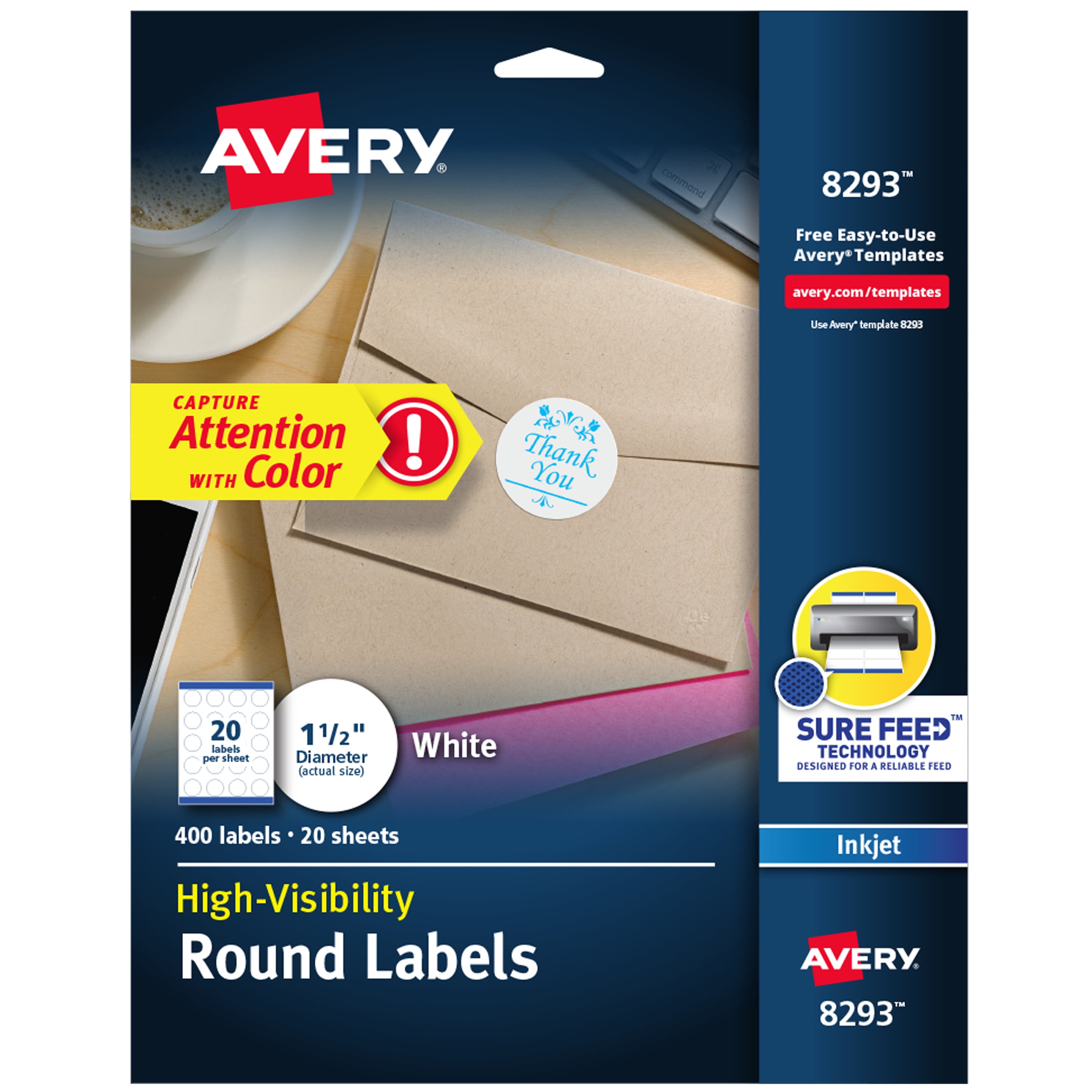 Avery Vibrant Color-Printing Round Address Labels 1 1/2 dia White 400/Pack 8293 