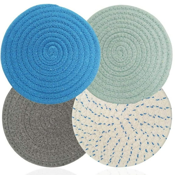 LQQBOX 4 PCS Kitchen Pot Holders Set Trivets Set 100% Pure Cotton Thread Weave Hot Pot Holders Set Stylish Coasters, Hot Pads, Hot Mats, Spoon Rest for Cooking and Baking by Diameter 7 Inch (Blue)