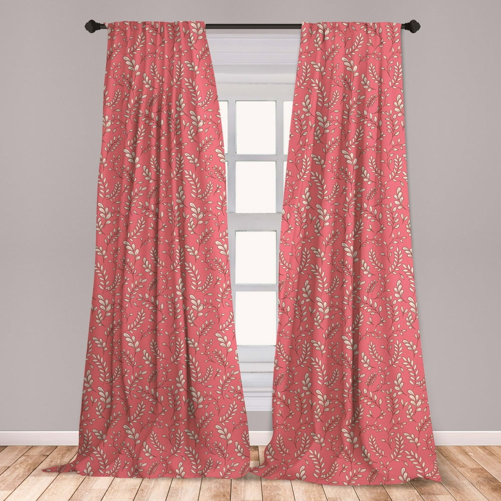 Coral Curtains 2 Panels Set, Leaves on Branches Botanical Theme Foliage