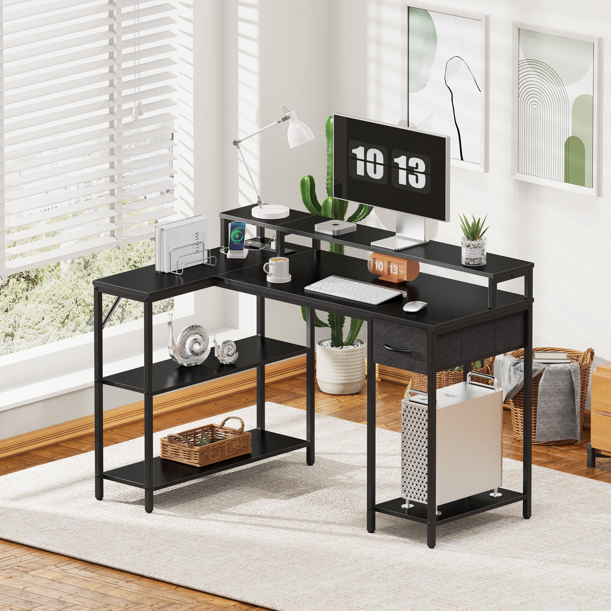 SUPERJARE L-Shaped Gaming Desk, LED Computer Desk with Power Outlets, Office Corner Desk with Drawer, Reversible L Shape Desk in Black