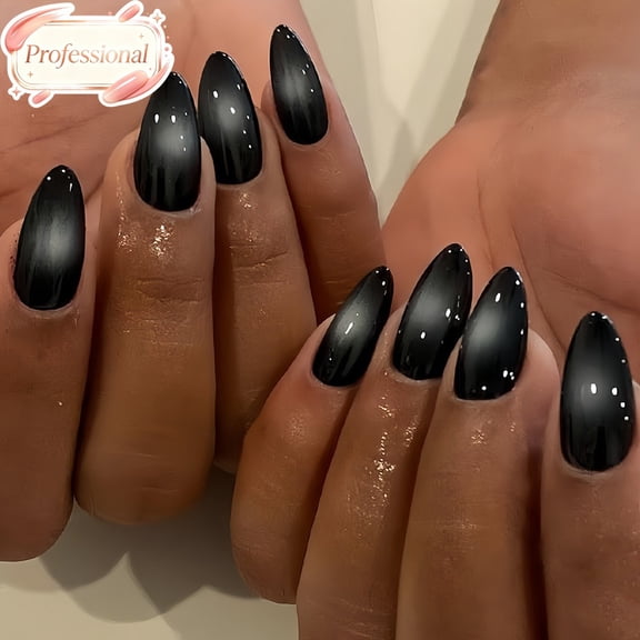 24Pcs Black Cat Eye Press On Nails Medium Almond, Full Cover Fake Nails, Reusable Acrylic Stick On False Nail Tips for Women Girls Office Party Date Daily Wear DIY Home Manicure Art Gift