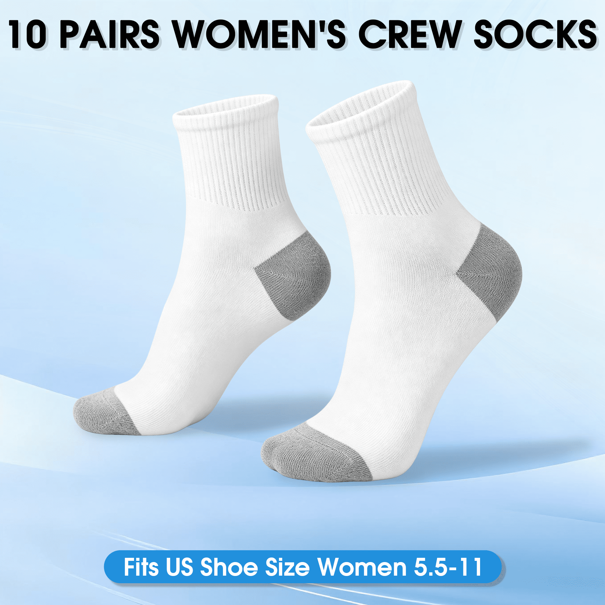 GARITIN Women's Crew Socks 10 Pairs, Soft Breathable Athletic Crew Socks, Reinforced Toe Cushioned Casual Sports Socks, White