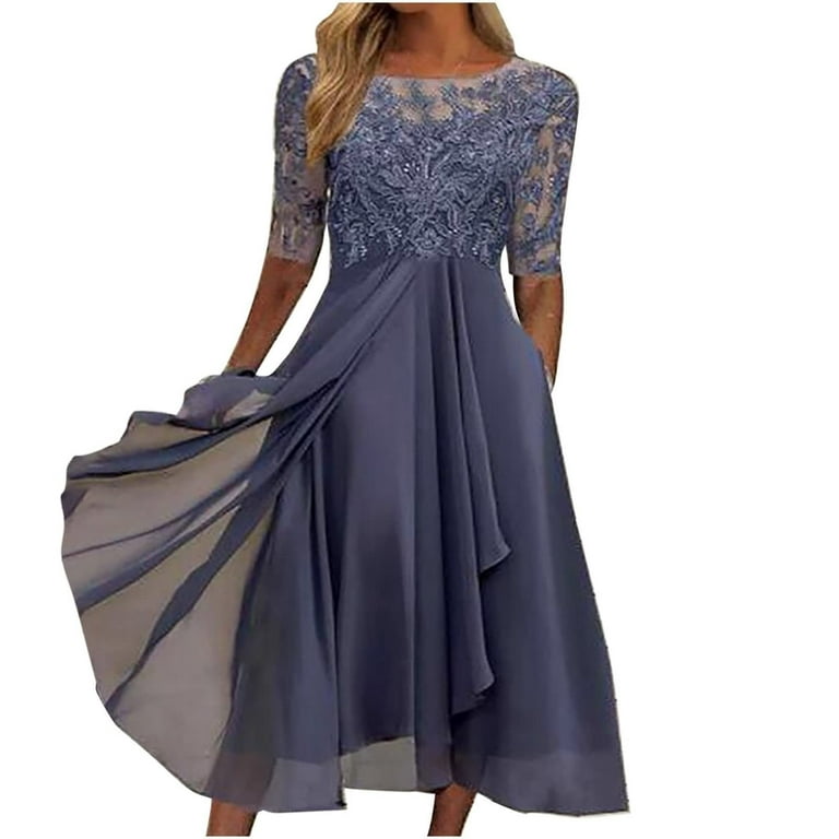 MuXiKeJi Women's Boat Neck Lace Mother of The Bride Dress with 3/4 Sleeves  Chiffon Evening Dress Embroidery Lace Chiffon Dress Tea Length Dress -  Walmart.com