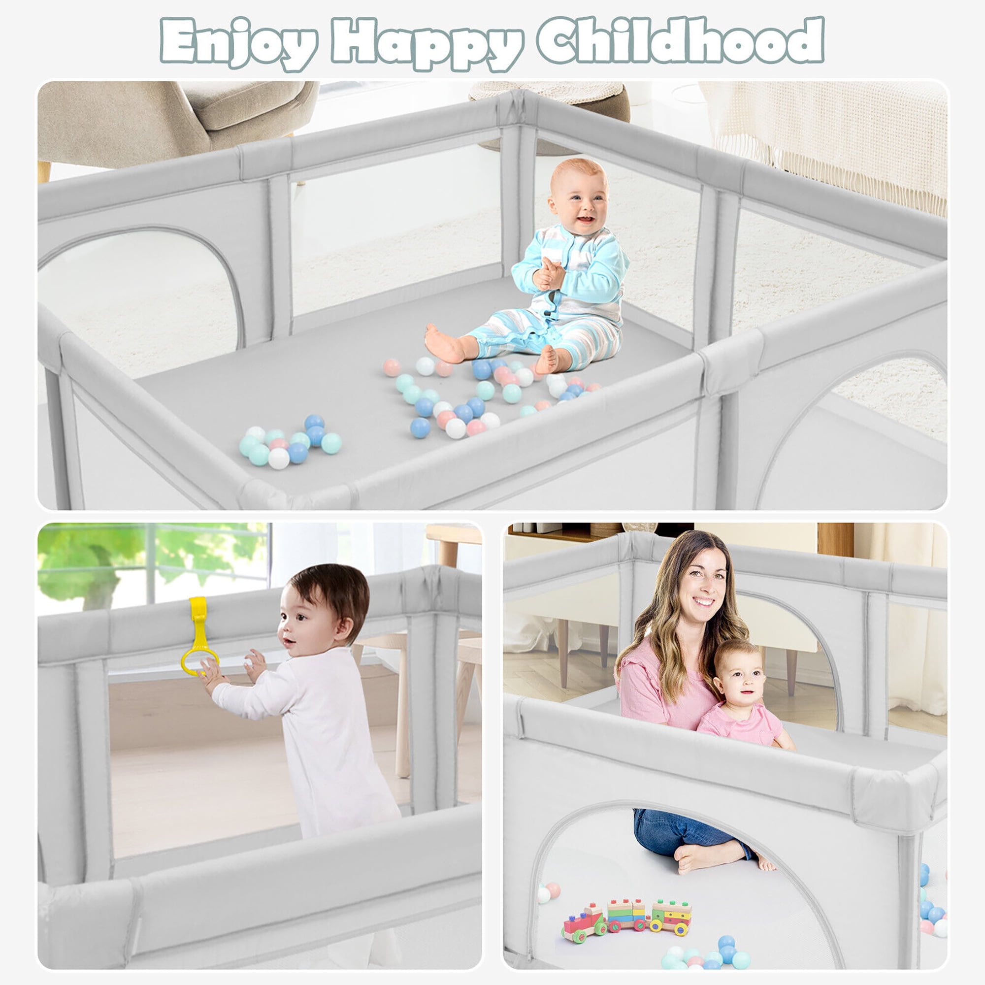 Gymax Extra Large Baby Playpen Safety Baby Play Yard w/ 50 Ocean Balls & 4 Handles Light Grey
