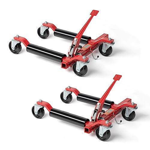 TUFFIOM Car Wheel Dolly Jack Set of 2, Mechanical 1500-lbs Car Skates, 12'' Wheel Vehicle Positioning Jack, Heavy Duty Rollers with Ratcheting Foot Pedal for Tire Auto Repair Moving, Red