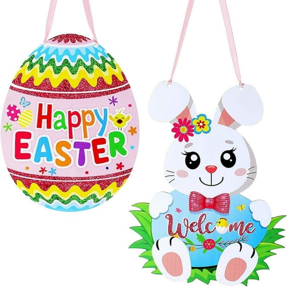 2Pcs Easter Door Decoration Glitter Happy Easter Egg Wooden Hanger Easter Egg Bunny Hanging Door Wall Welcome Sign Home Indoor Outdoor Easter Decoration Supplies