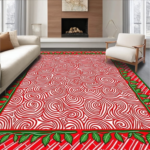 ODIKA 6'x9' Machine Washable Non-Slip Area Rug, Peppermint Twist Checkered Interlocking Holiday Design High Traffic Rug with Pad, Red, 621886