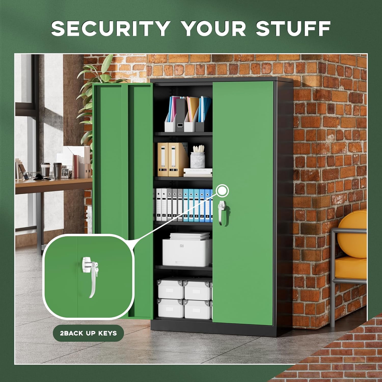 SOLAURA Metal Storage Cabinet, 72" x 36" x 18" Garage Storage Cabinet with Lock, Metal Cabinet with 2 Doors and 4 Adjustable Shelves for Office, Home, Shops, Garage, Black Green
