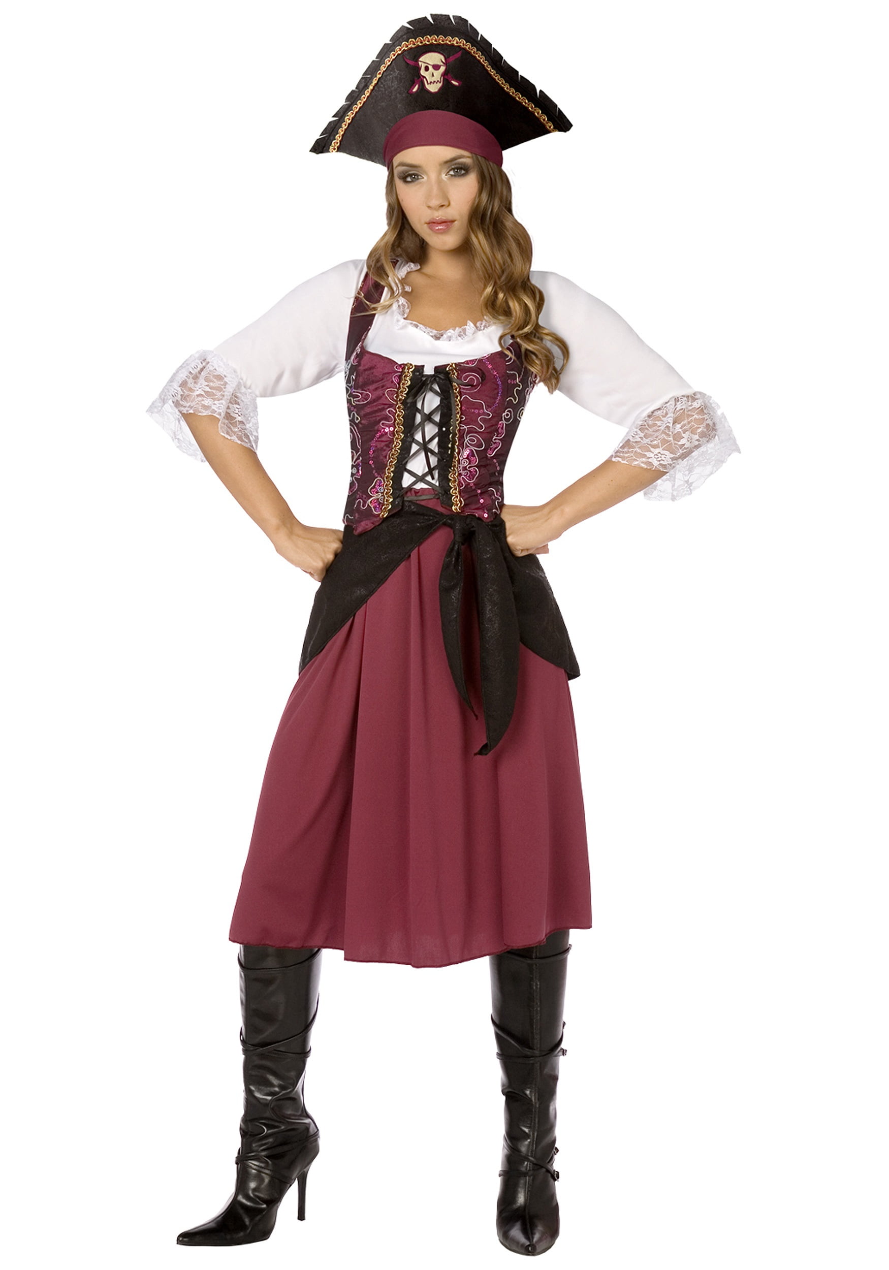Medieval/ Renaissance/ Pirate Wench Costume 2 Pc Red & Blk Dress & Mob Cap Plus 