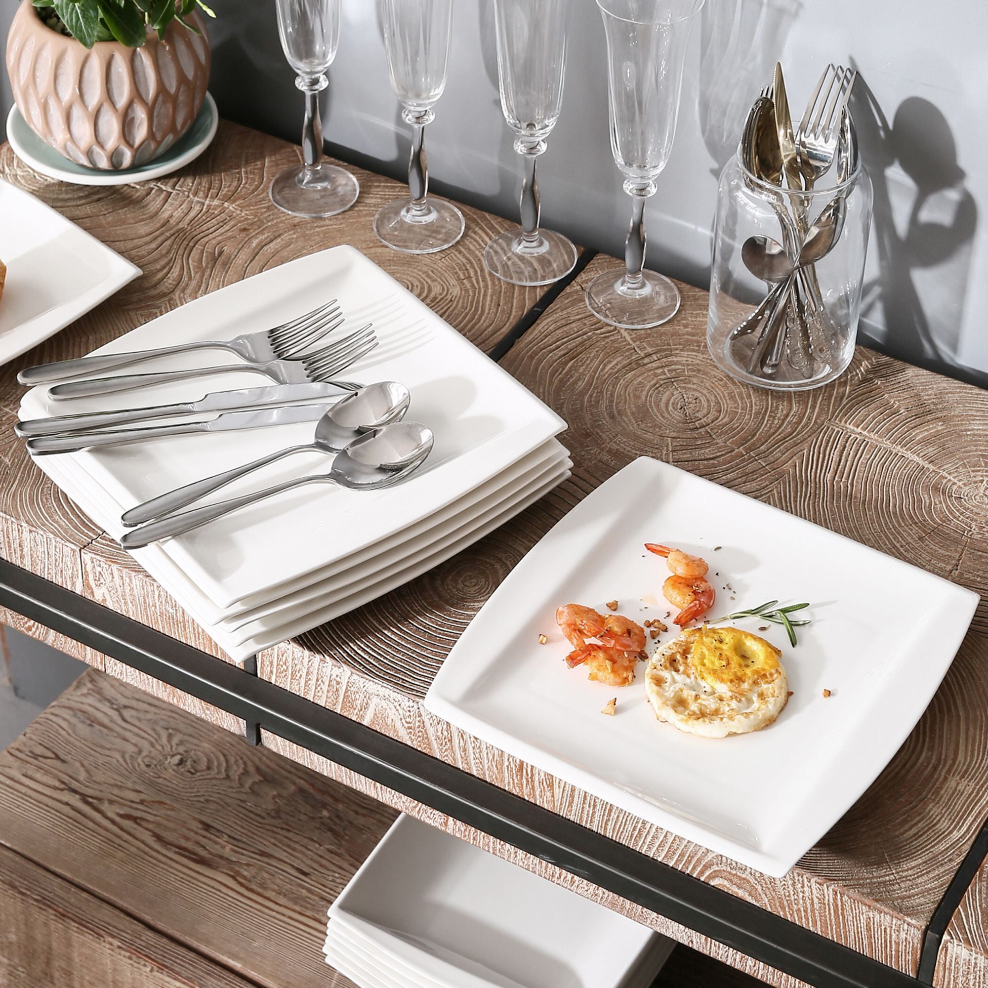 MALACASA Blance Marble Grey Porcelain Dinnerware Set with  Cups/Saucers/Dessert/Soup/Dinner Plates&1 Dish/Rectangular optional