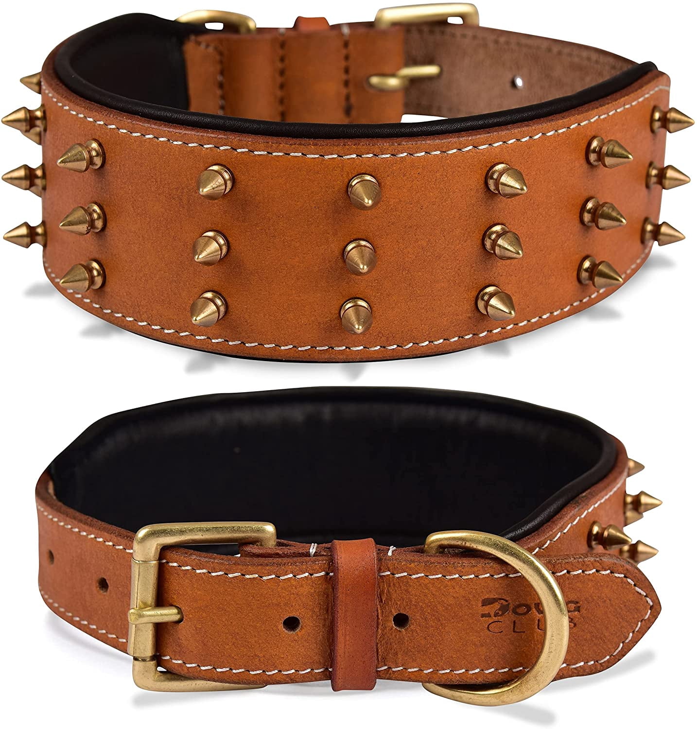 DowgClub | Genuine Leather Heavy Duty Spiked Dog Collar | Full Grain, Cushion Sheep napa padding Inside, Comfortable, Strong | Best for Medium, Large, X-Large Breeds | Cherry, Black, Pink, Tan |